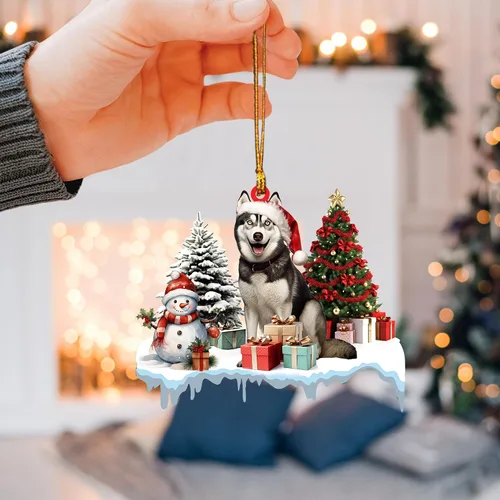Vista 3 de Talataca Adorno de Navidad Plano 2D de Husky, Cajas de Regalo de Husky, Decoración de Árbol de Pino, Adorno Colgante de Casa para la Víspera