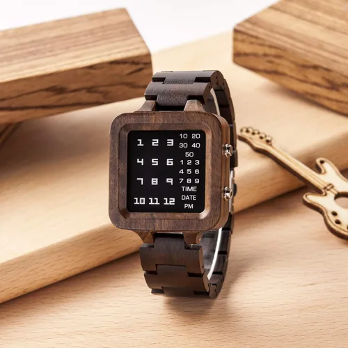 Vista 4 de BOBO BIRD Reloj digital para hombre, diseño de marca de lujo, visión nocturna, ébano, reloj de madera, reloj único con pantalla LED, Digital