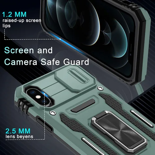Vista 5 de DEERLAMN Funda para iPhone Xs Max con funda deslizante para cámara + protector de pantalla, soporte giratorio de anillo de grado militar a prueba
