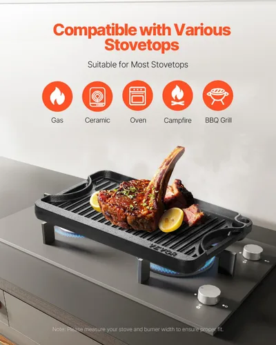 Vista 3 de VEVOR Parrilla/plancha reversible, plancha de hierro fundido pre-sazonada de 14 x 8.5 pulgadas, sartén rectangular portátil con asa, utensilios