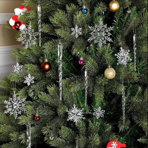 Vista 6 de Chuangdi 72 adornos de carámbano de copo de nieve para árbol de Navidad, carámbanos con purpurina retorcida, decoración de gota de acrílico