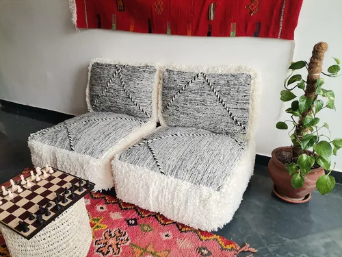 Vista 3 de FoamRush Sofá marroquí de 2 plazas de 8 x 24 x 48 pulgadas, diseño de rayas blancas y negras, sofá de piso, sofá moderno minimalista, sofá modular