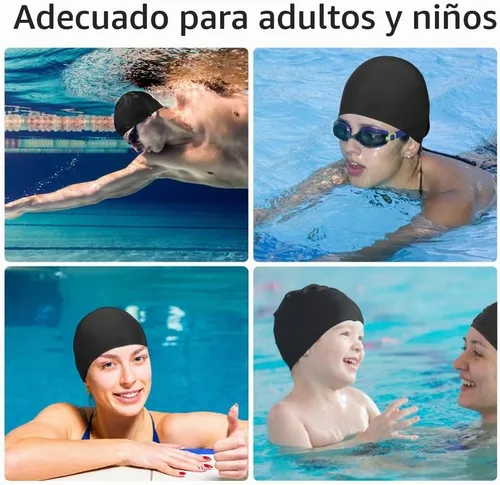 Vista 2 de 4 gorras elásticas de natación para mujeres, hombres y niños, tela duradera, no impermeable, gorra de piscina elástica 2 negro y 2 azul