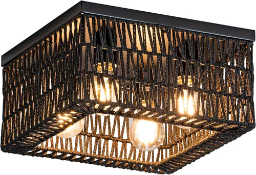 Vista 14 de Rpzloila Lámpara de Techo de Ratán, Accesorio de Luz Bohemia Dorada, Lámpara de Techo Cuadrada de Montaje Empotrado para Dormitorio, Pasillo