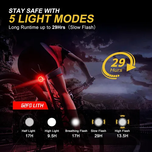 Vista 3 de Luz trasera de bicicleta recargable USB tipo C, ultra brillante IPX6, impermeable, linterna de seguridad para ciclismo, 5 modos de luz, accesorios