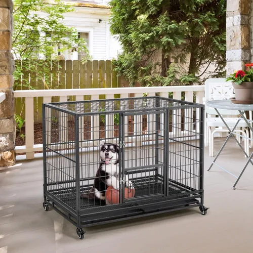 Vista 3 de Yaheetech Jaula de perro resistente a prueba de escapes de 43 pulgadas con puertas dobles, 2 bandejas extraíbles, ruedas bloqueables, perrera