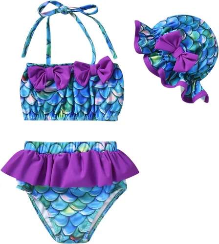 Vista 10 de Aalizzwell Conjunto de bikini de 3 piezas para niñas pequeñas con sombrero Bandera estadounidense