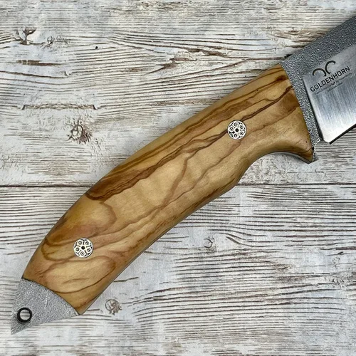 Vista 5 de Cuchillo de caza con mango de madera personalizado y funda de cuero para regalo, mango de oliva Bohler N690 Bushcraft