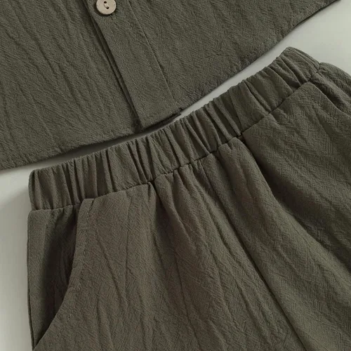 Vista 5 de Conjunto de ropa de verano para bebé y niño, con botones, de manga corta, con bolsillo, color liso, para el verano