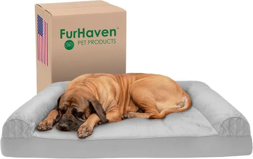 Vista 22 de Furhaven Sofá cama ortopédico para perro, sofá de espuma viscoelástica con refuerzos, felpa texturizada y funda resistente al agua, funda lavable