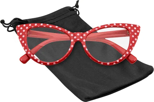 Vista 3 de Lentes de sol clásicos de moda vintage, diseño de ojo de gato, con marco (lunares rojos transparentes, 50)