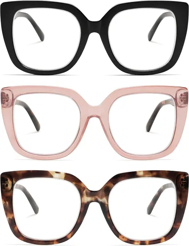 Vista 8 de Paquete de 3 lentes de lectura cuadrados retro de gran tamaño para mujer, grandes y elegantes con bloqueo de luz azul AM6072