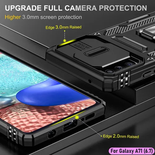 Vista 6 de Funda resistente para Samsung Galaxy A71 (5G), protector de parachoques de goma de doble capa de grado militar con protector de cámara deslizante