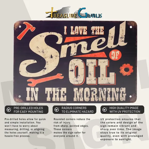 Vista 3 de Divertido letrero de metal con texto en inglés "I Love the Smell of Oil in Morning Sign" Novedad Hombre Cueva Garaje Tienda Decoración de pared