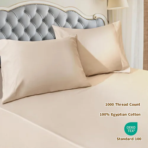 Vista 9 de Juego de 2 fundas de almohada de algodón de 1000 hilos tamaño estándar, 100% algodón egipcio tejido satinado, fundas de almohada con cierre de Beige