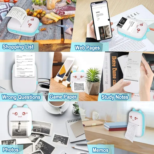 Vista 3 de Impresora portátil, mini impresora térmica inalámbrica Bluetooth de bolsillo con 6 rollos de papel de impresión para teléfono inteligente Android