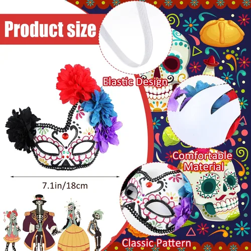 Vista 2 de Leyndo 4 piezas Día de los Muertos Azúcar Medio Calavera Máscara de Ojos Máscara Mexicana Mascarada Máscaras Halloween Cosplay Fancy Dress