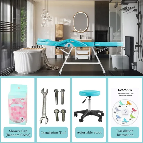 Vista 5 de Silla facial, silla de tatuaje de 73 pulgadas para cliente, mesa de masaje ajustable de 3 secciones con taburete, camas de belleza multiusos