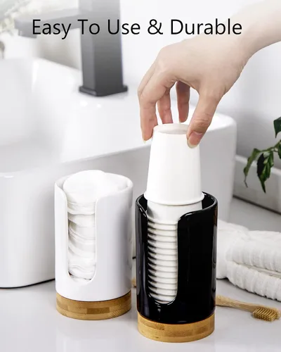 Vista 6 de Dispensador de tazas de baño de cerámica, soporte desechable de papel y plástico de 3 a 5 onzas, dispensador de tazas de enjuague bucal para baño