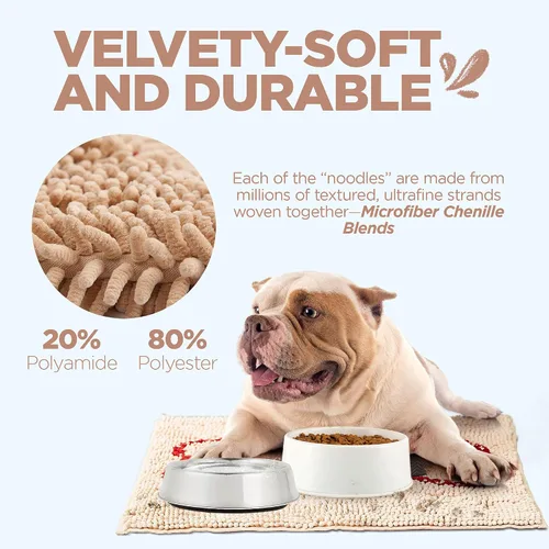 Vista 4 de Soggy Doggy Slopmat – Beige/Red Bone – 18 x 24 pulgadas – Tapete de puerta absorbente de agua para patas fangosas y cuencos de comida/agua – Felpudo