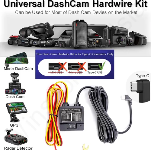 Vista 2 de Kit de cable duro para cámara de salpicadero, USB C de 3 cables, cargador de cámara de salpicadero modo de estacionamiento 24h Type C,11.5ft Power