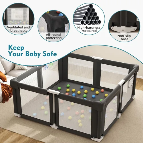 Vista 4 de Corralito plegable para bebés y niños pequeños, corralito portátil de 51 pulgadas con alfombrilla y pelotas oceánicas, patio de juegos con malla