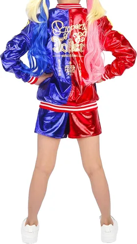 Vista 5 de Anqtovp Conjunto de disfraces de cosplay de Joker para niñas, disfraces de escuadrón de Halloween para niños con chaqueta, pantalones cortos
