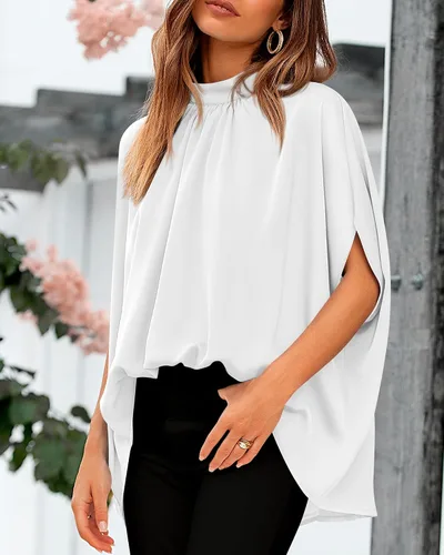 Vista 159 de BTFBM Blusas de verano para mujer, cuello alto falso, manga murciélago, holgadas, dobladillo alto y bajo, blusas informales de gran