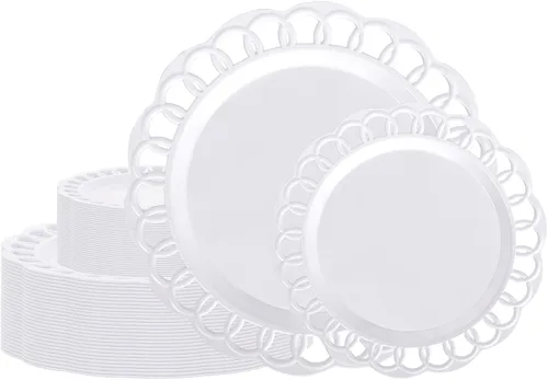 Vista 11 de COLOSUS Juego de 60 platos de plástico negro, platos barrocos elegantes, elegantes platos desechables con borde de encaje, platos de plástico