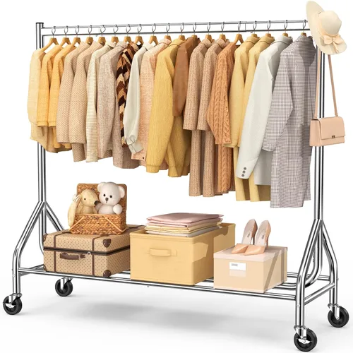 Vista 12 de EAGMAK - Perchero resistente para ropa con capacidad de carga de 420 LBS, perchero enrollable para ropa con ruedas bloqueables, perchero de metal