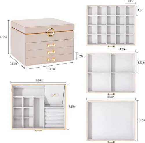 Vista 6 de V-LAFUYLIFE Jewelry Box Organizer for Women Girls, 4-Layer Large Jewelry boxes with 3 Drawers Jewelry Storage Case for Earrings Bracelets Necklaces