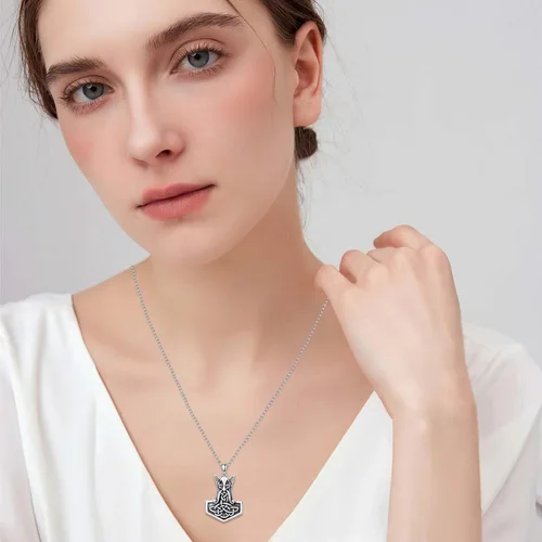 Vista 6 de Collar vikingo para hombre, plata de ley 925, lobo vikingo, martillo de Thors, vegvisir, árbol de la vida, brújula, colgante nórdico, amuleto