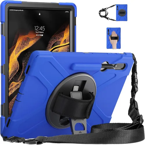Vista 9 de Funda a prueba de golpes para Galaxy Tab S8 Ultra de 14.6 pulgadas 2022, funda resistente con cinturón de mano giratorio de 360°, correa de hombro