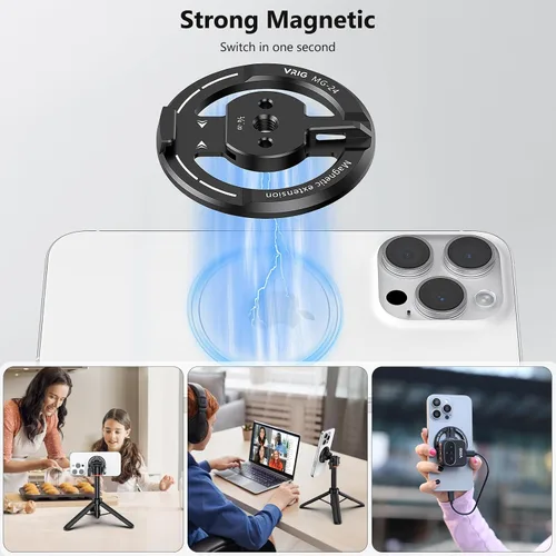 Vista 3 de VRIG MG-24 Soporte magnético para trípode compatible con Magsafe iPhone 17 16 15 14 13 12 Pro Max Plus Series, montaje de trípode magsafe con zapata