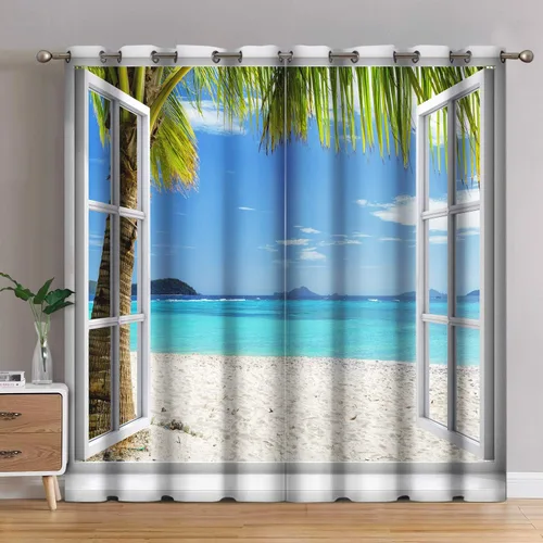 Vista 24 de Jekeno Cortinas opacas con palmeras oceánicas, playa, cielo, sol, decoración de paisaje marino para dormitorio, sala de estar, cortinas de ventana