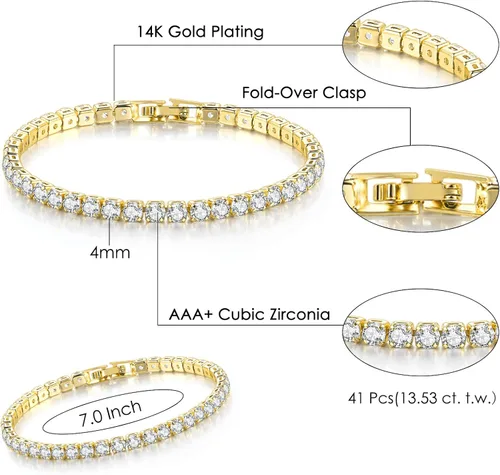 Vista 5 de YOYUNLUO 3 Pcs Tennis Bracelets for Women 14K Gold Plated 4mm 5A+ Cubic Zirconia CZ Diamond Classic Adjustable Slider Bracelet Fashion Jewelry