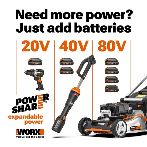 Vista 8 de WORX WP925 - Combo de recortadora de hilo y soplador de hojas, 15 pulgadas y 40 V con eje de fibra de carbono, soplador eléctrico silencioso de 530