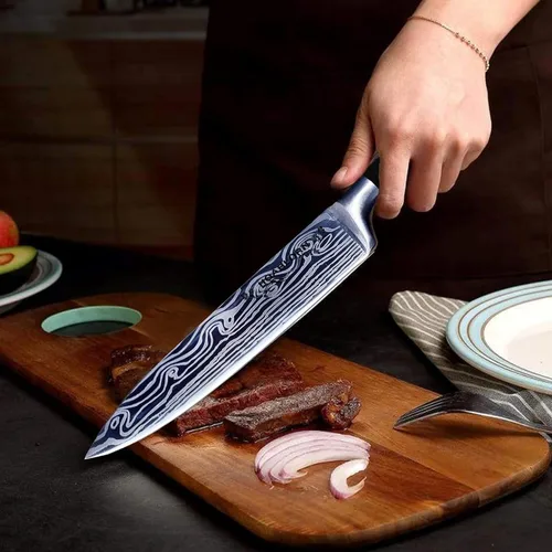 Vista 5 de Juego de cuchillos profesionales de acero inoxidable de 15 piezas con bloque de madera, juego de cuchillos de damasco para chefs, familia