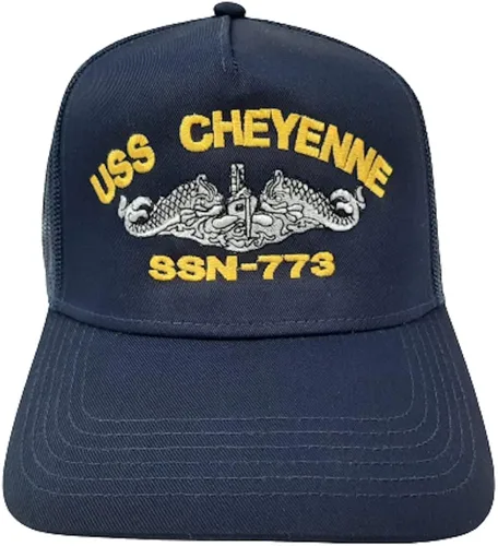 Vista 3 de USS Cheyenne SSN-773 - Gorra de béisbol con diseño de barco azul marino con malla azul Snapback de 35 pulgadas panel frontal de algodón Azul Marino 0