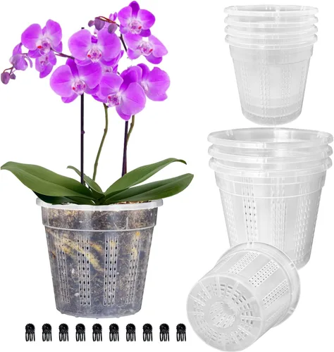 Vista 10 de Maceta de orquídeas con platillos, 4 de cada una de 4.3" y 5.5" macetas de orquídeas con agujeros, 8 piezas de macetas de plástico transparente