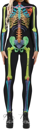 Vista 9 de Disfraz de esqueleto de calavera para mujer, overol de una pieza para Halloween 3D printed skull skeleton robot costume, Back zipper closure