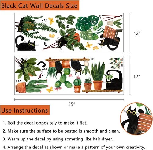 Vista 2 de Yovkky Calcomanías de pared de plantas en maceta de gatos negros, caricaturas, gatito, bonsái, guardería, sala de juegos, decoración de cactus