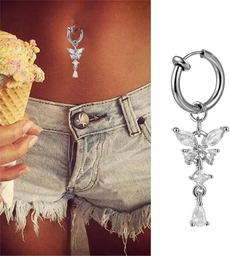 Vista 2 de Anillos de ombligo de mariposa con clip para el ombligo para mujer, no perforantes, anillos falsos para ombligo, joyería