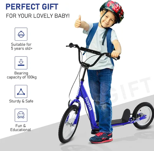 Vista 5 de Aosom Youth Scooter Kids 5+ Adjustable Handlebar 16" Front 12" Rear Azul