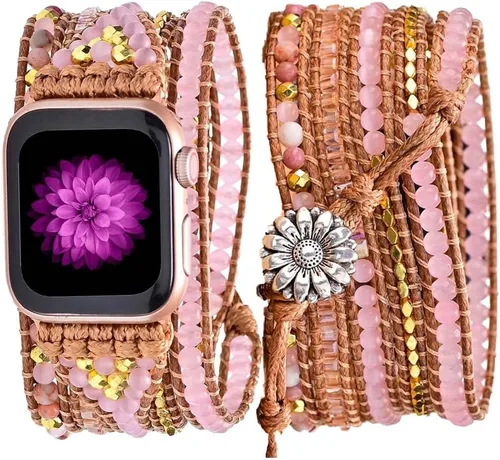 Vista 10 de Correa de reloj de cuerda trenzada con cuentas, estilo bohemio, gira 5 veces, múltiples capas, compatible con reloj Apple Watch de 45 mm, 41 mm, 44