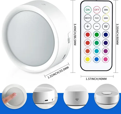 Vista 2 de Luces LED de disco de control remoto, paquete de 4 luces LED recargables debajo de la encimera con control remoto funcional, lámpara inalámbrica