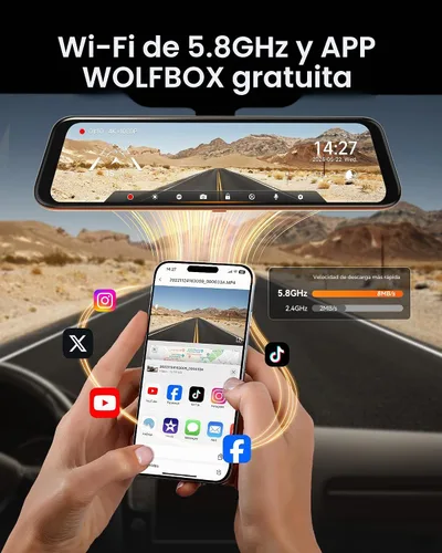 Vista 3 de WOLFBOX Cámara de espejo retrovisor 4K de 12 pulgadas con WiFi de 5.8 GHz y control de voz, cámara de espejo inteligente frontal y trasera, cámara