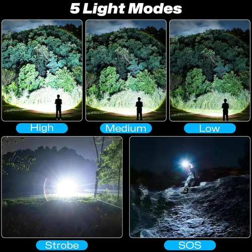 Vista 4 de Linternas recargables de alto lúmenes, paquete de 2, luz de flash súper brillante con 5 modos, IPX7 impermeable potente linterna LED para el hogar