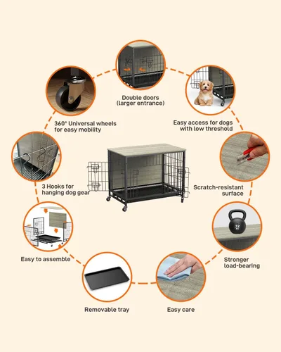 Vista 6 de Mueble de jaula para perros de 38.6 pulgadas, perrera de interior con puertas dobles, ruedas y bandeja extraíble, mesa auxiliar moderna para perros