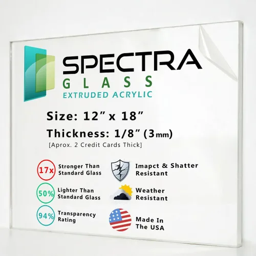 Vista 12 de Hojas de plexiglás acrílico transparente Spectra Glass de 12 x 12 pulgadas (1/4 pulgadas de grosor). 17 veces más fuerte que el cristal. Hoja